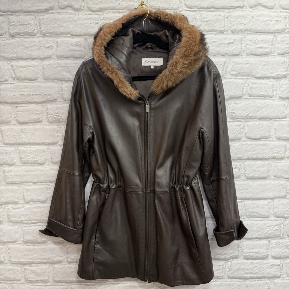 Calvin Klein Women's Genuine Brown Leather Jacket Butter Soft Faux Fur Hood Sz M